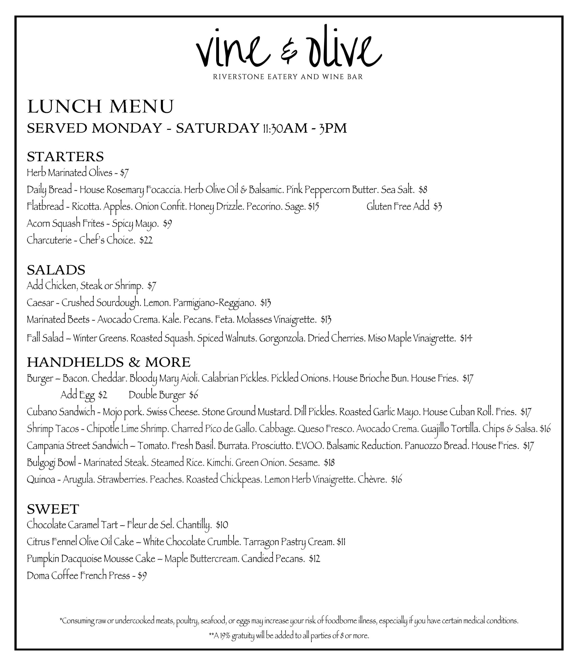 Lunch Menu - Vine & Olive